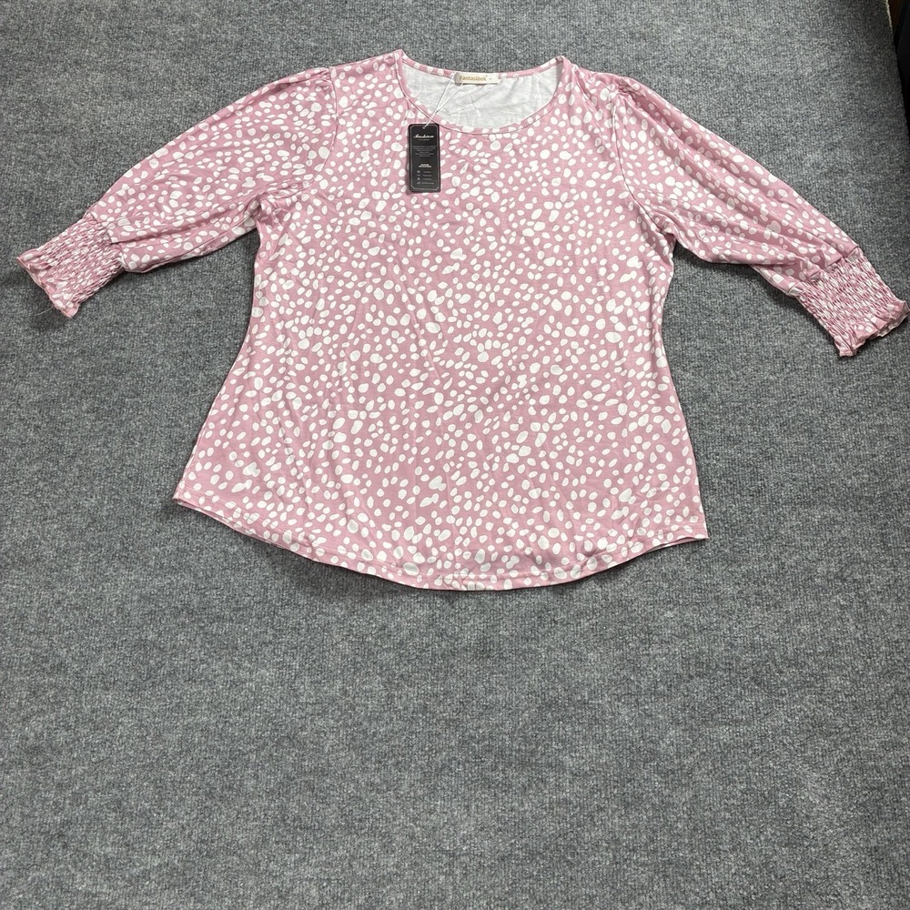 Fantaslook Pink White Polka Dot Blouse‎ 3/4 Sleeve Smocked Cuff Top NWT Size L